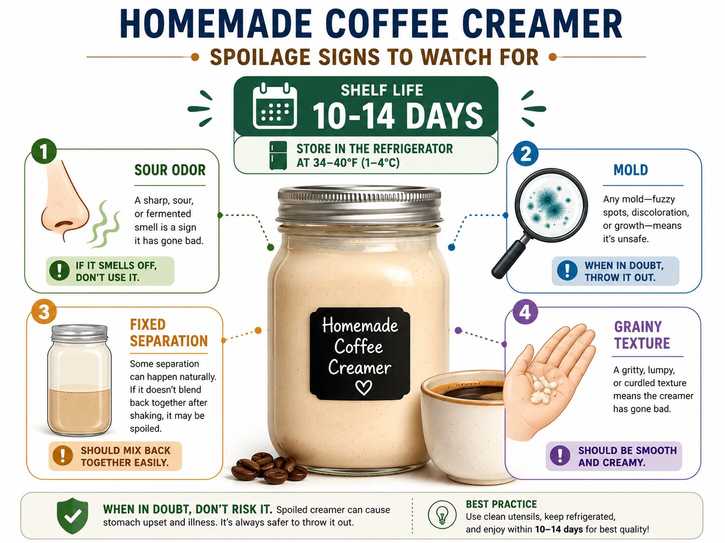 Infographic on homemade coffee creamer shelf life and spoilage signs
