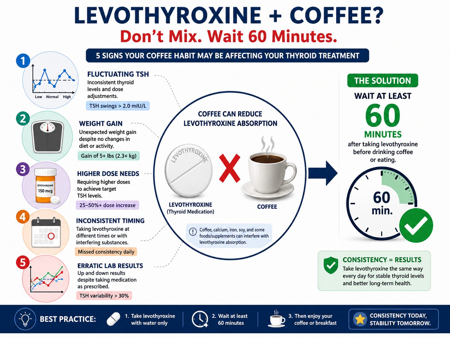 Infographic showing signs coffee interferes with levothyroxine thyroid medication absorption.