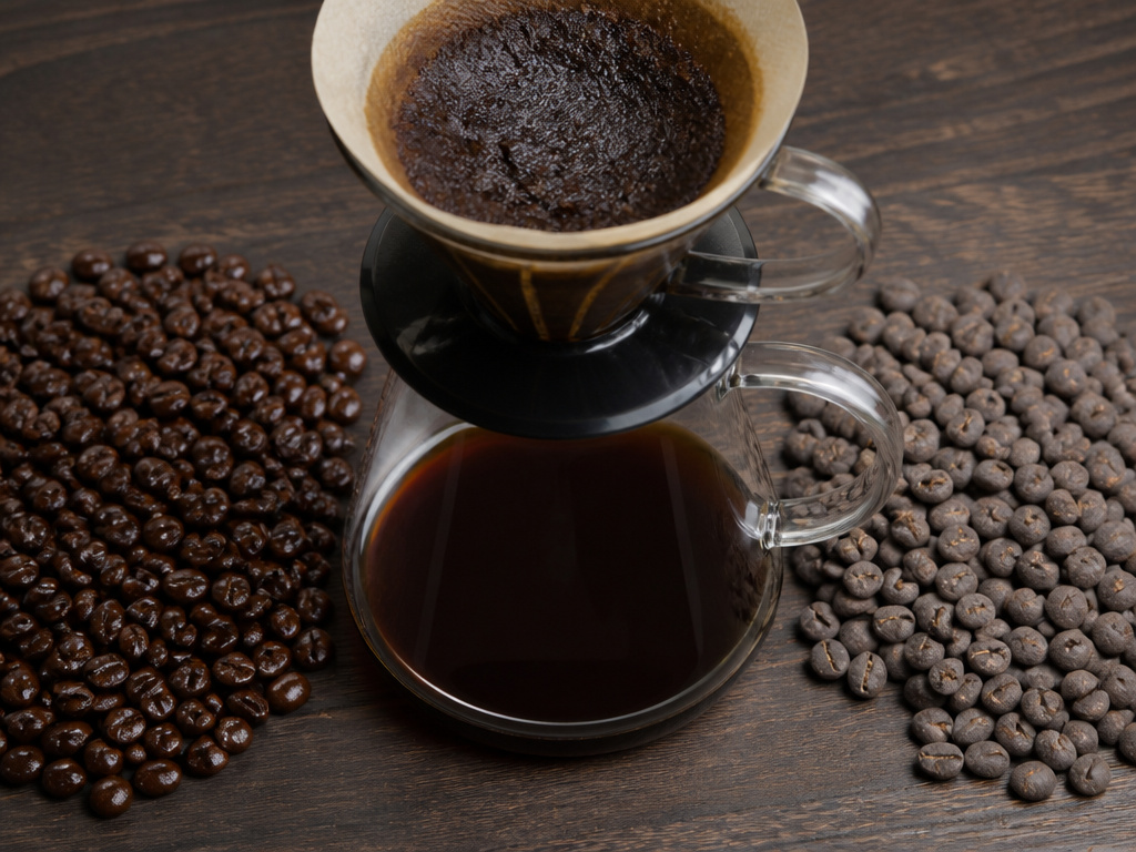 Close-up comparison of fresh oily coffee beans versus stale matte beans.