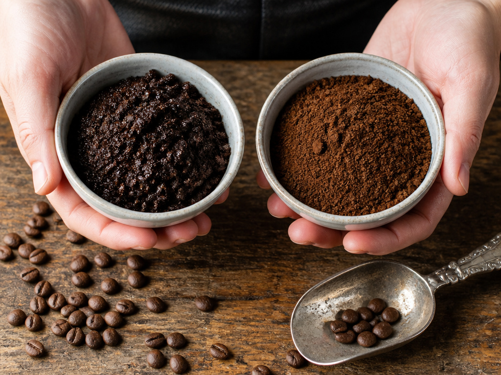 Comparing fresh oily coffee grounds to stale dry grounds side-by-side
