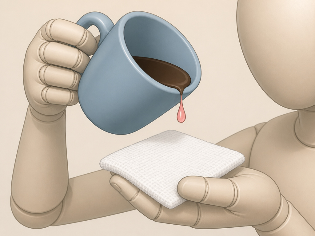 Pink-tinged coffee drop falling near gauze after dental extraction.
