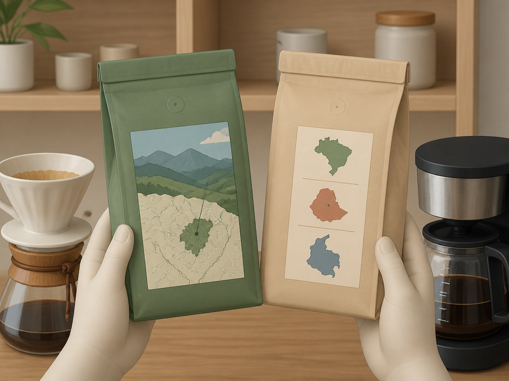 Comparison of single-origin coffee bag and blend coffee bag on a shelf