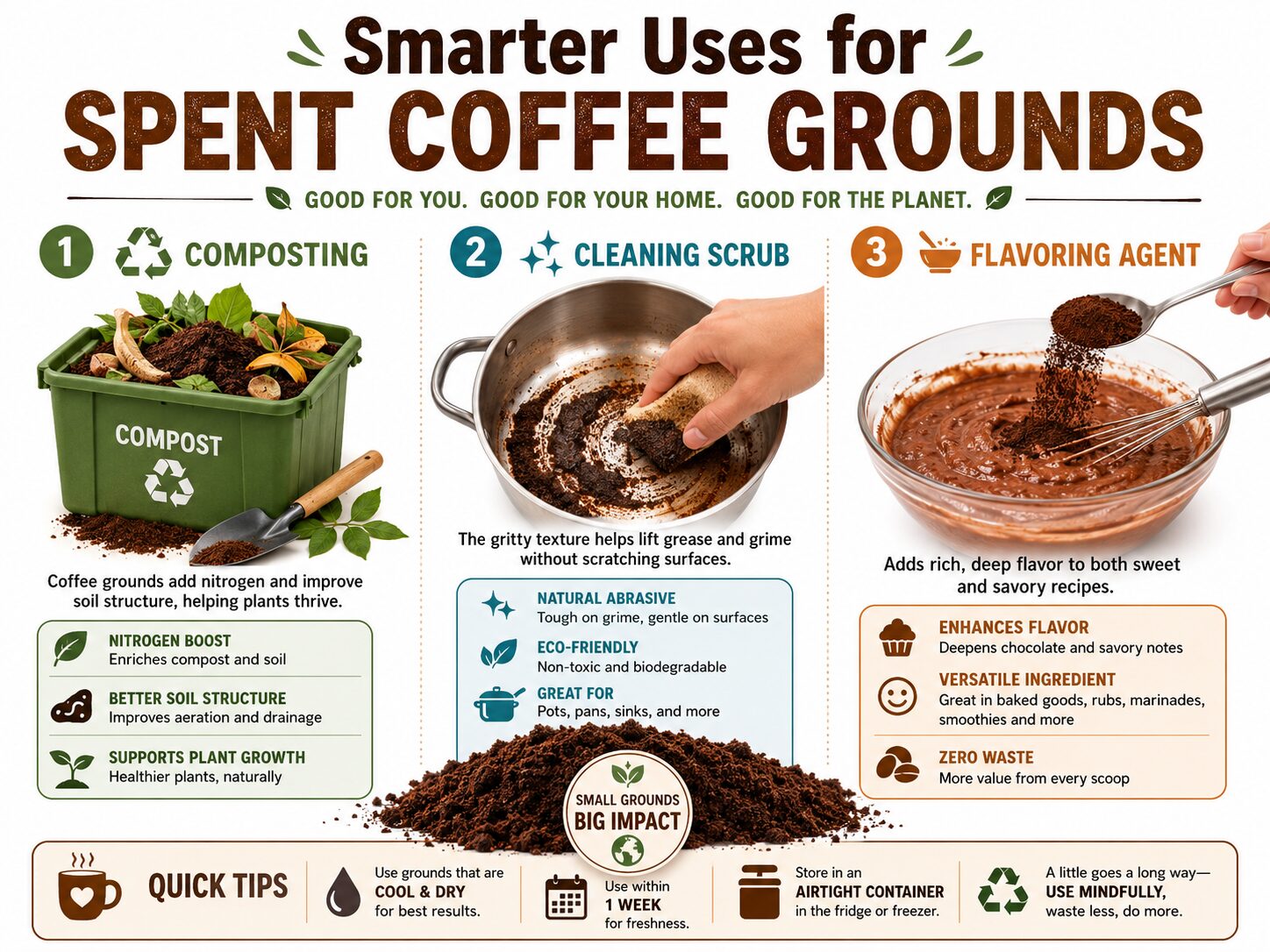 Infographic comparing composting, cleaning, and cooking uses for spent coffee grounds.