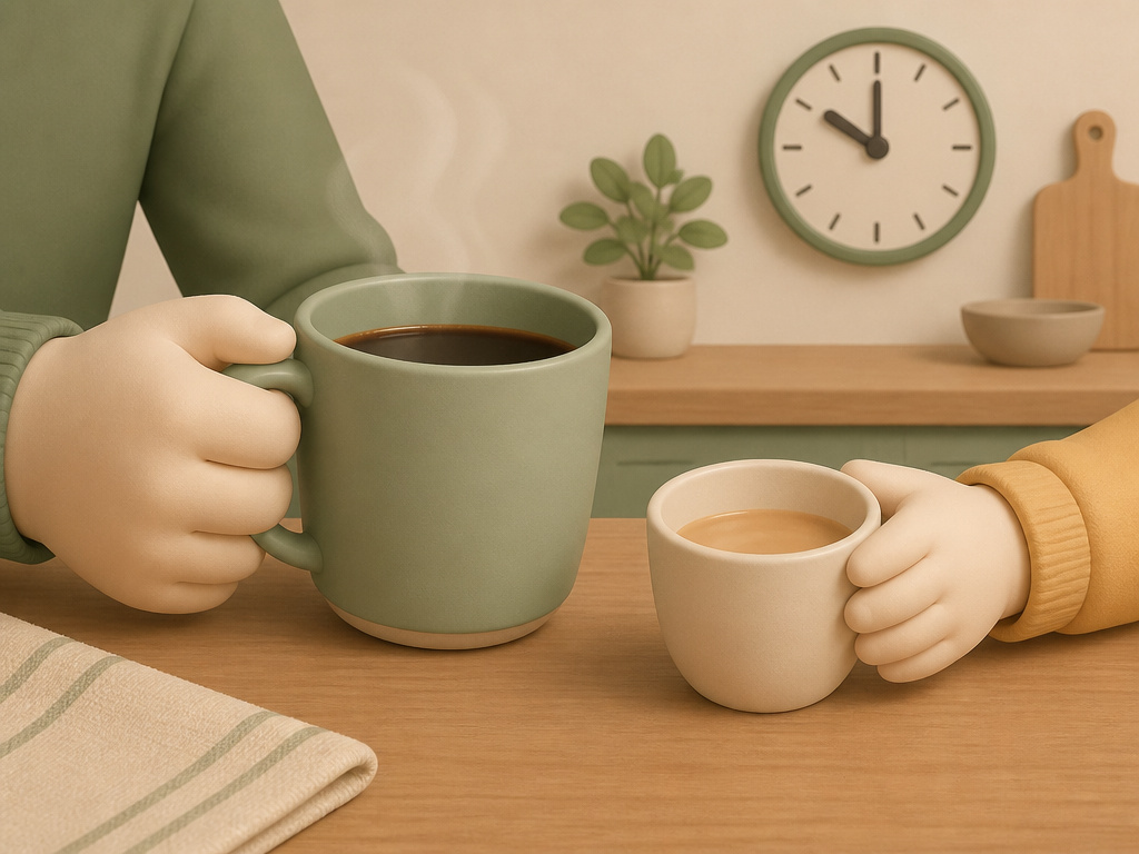 Parent and child hands with coffee mugs illustrating age-appropriate serving size