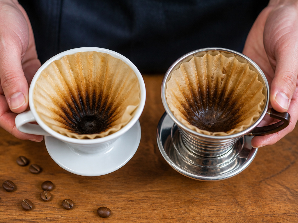 Ceramic versus stainless steel coffee dripper comparison for pour-over brewing.