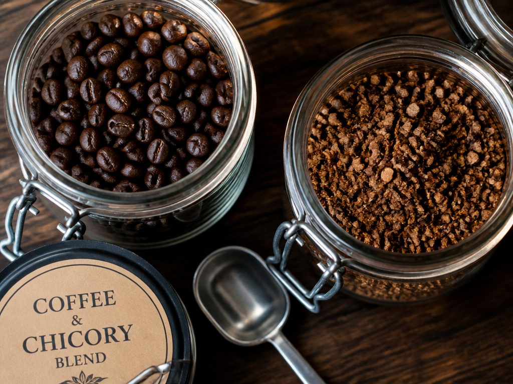 Glass jars of coffee beans and chicory root for New Orleans style coffee storage