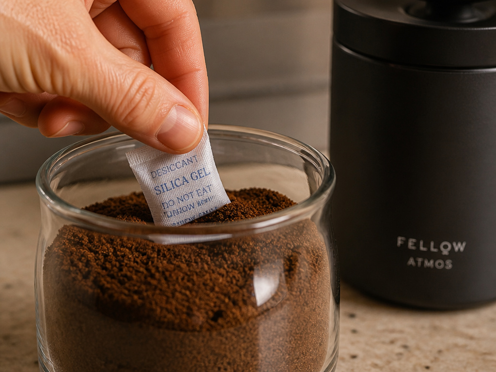 Adding a desiccant packet to a coffee canister for humidity control