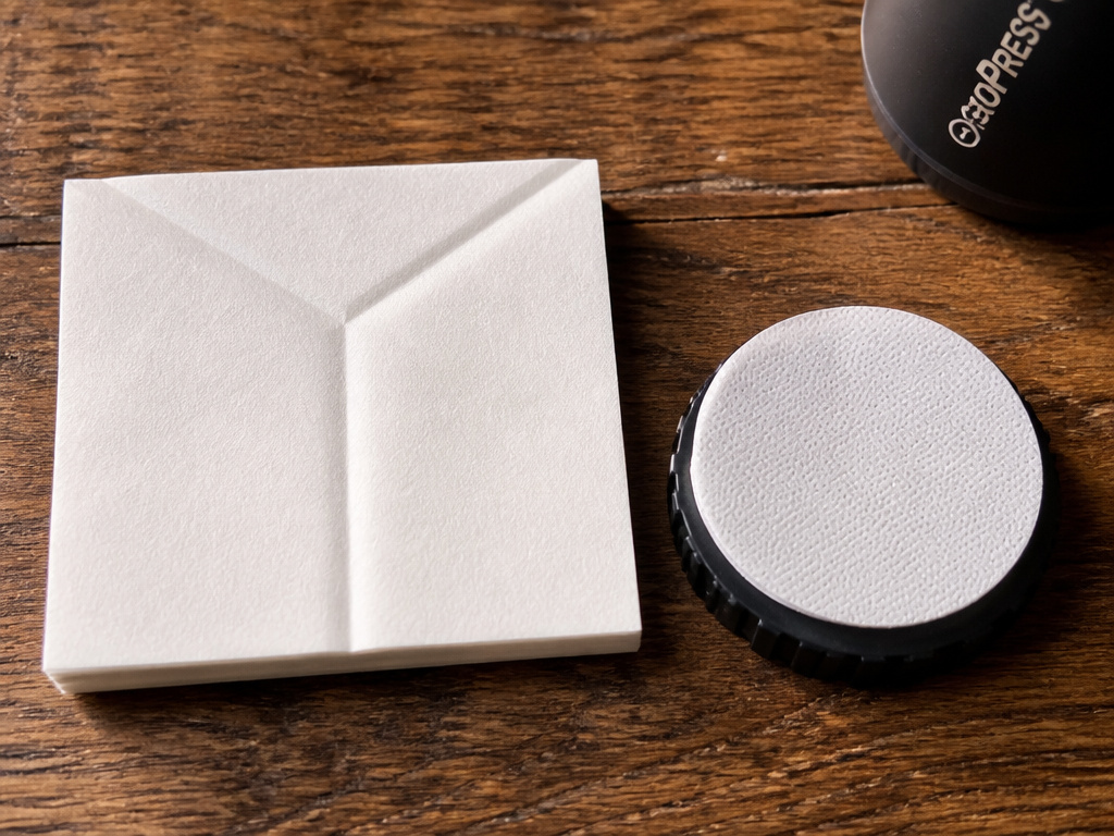 Close-up comparison of a square Chemex filter and a round AeroPress paper filter.