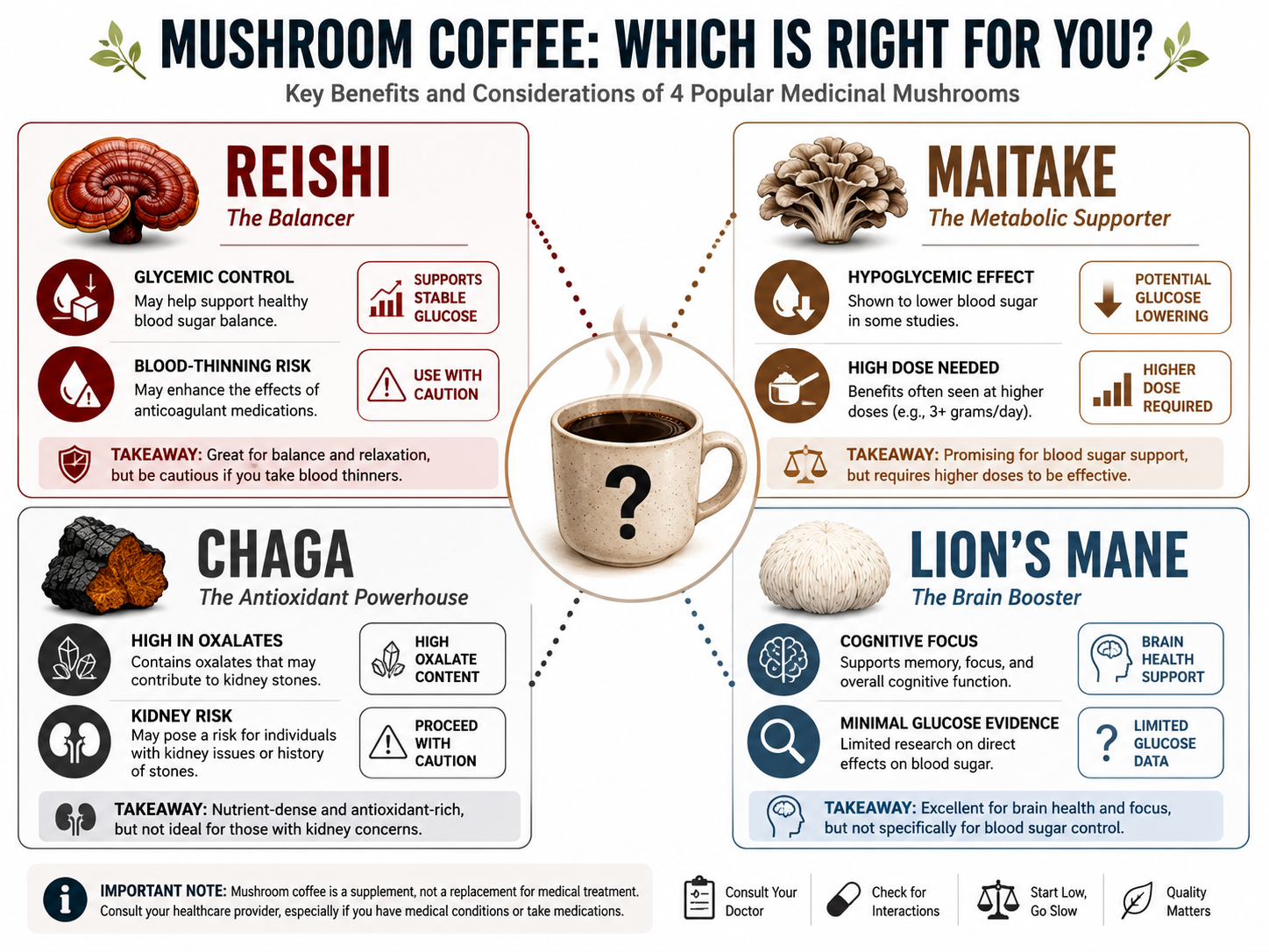 Infographic comparing medicinal mushroom benefits and risks for diabetes management.