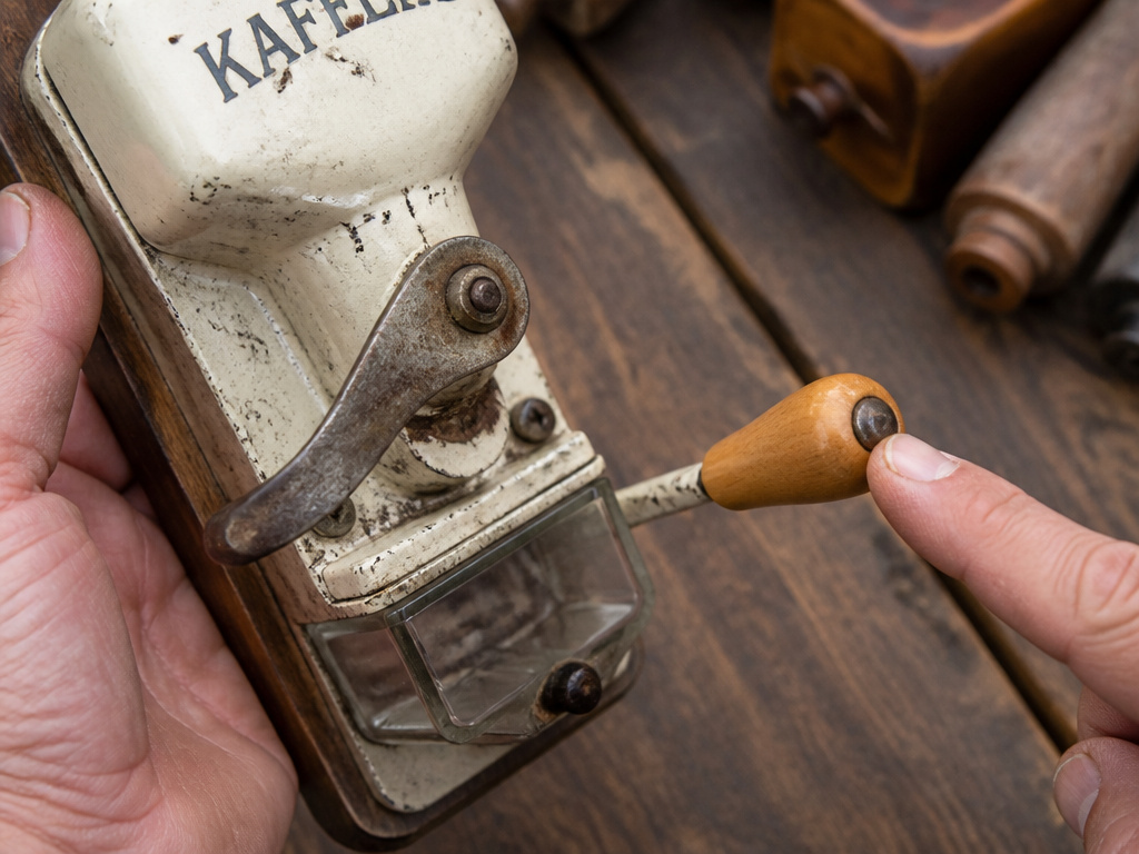 Close-up inspection of antique coffee grinder's mismatched original paint and new handle.