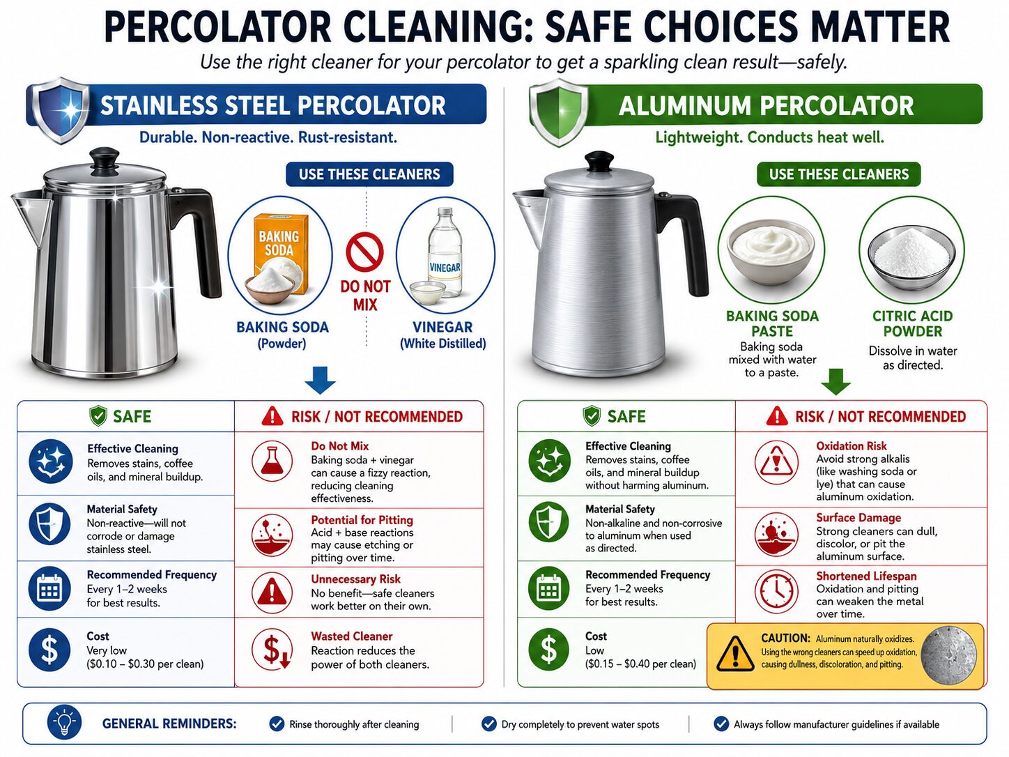 Stainless steel versus aluminum coffee percolator cleaning guide infographic