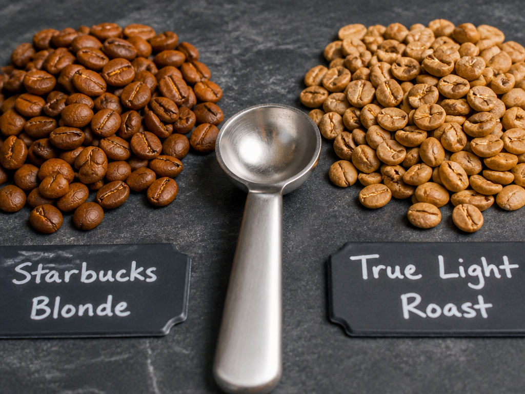 Comparison of Starbucks blonde roast beans versus a true light roast coffee.