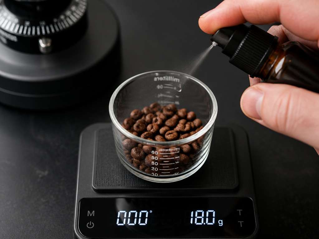 Using a spray bottle to mist coffee beans with water before grinding to reduce static.