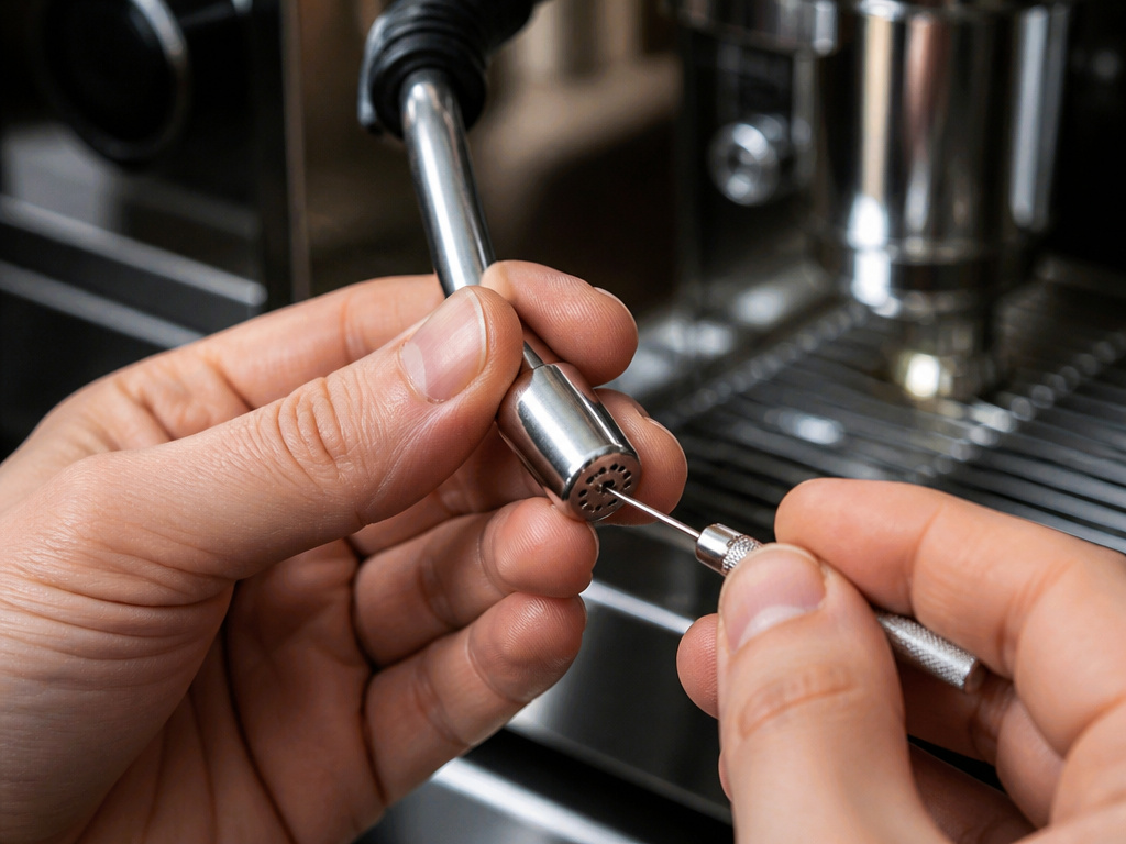 Close-up cleaning a clogged steam tip on an espresso machine steam wand.