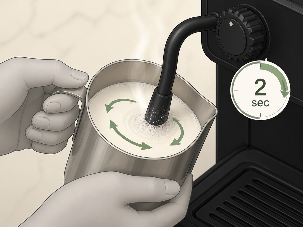 Close-up diagram of steaming milk with a Mr. Coffee espresso machine steam wand.