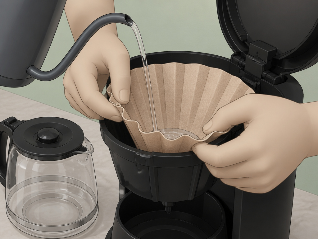 Close-up of placing and pre-rinsing a paper filter in a drip coffee basket.
