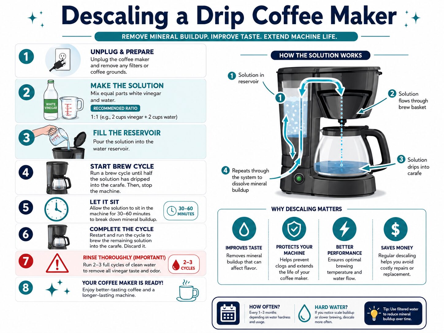 Step-by-step infographic for descaling a drip coffee maker with vinegar.
