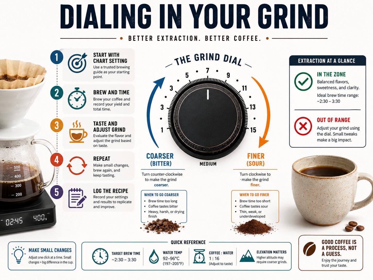 Infographic showing steps to adjust coffee grind size based on brew time and taste.