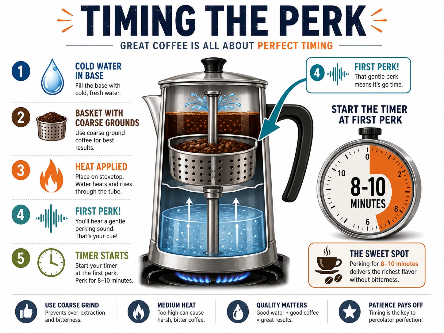 Infographic showing when to start timing the coffee percolator brewing cycle.