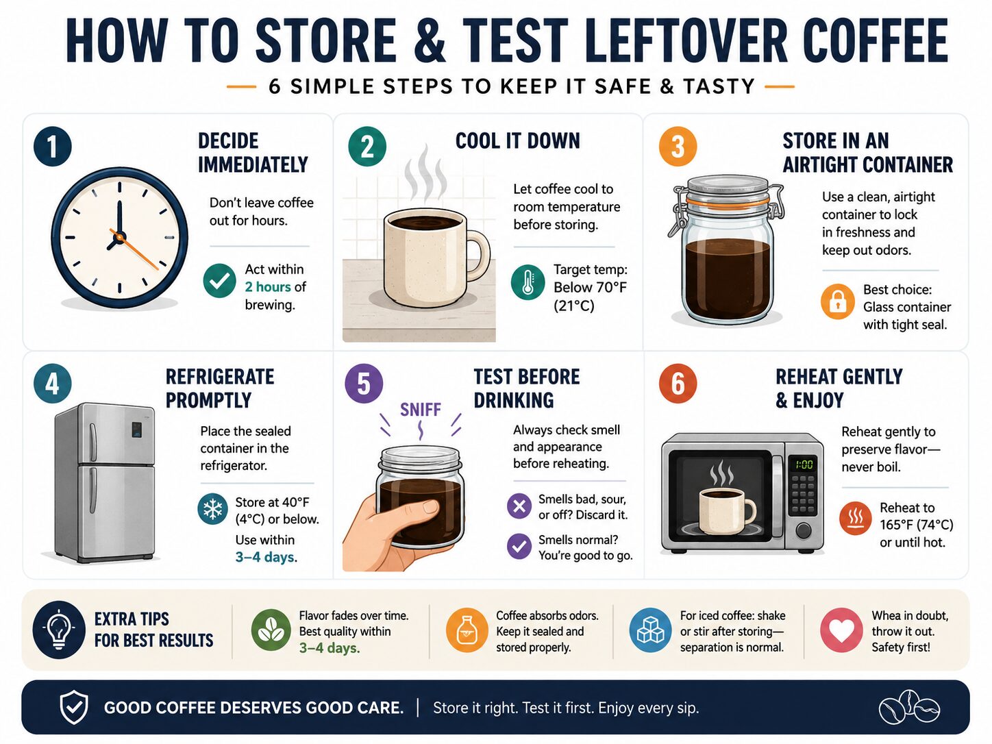 Infographic showing six steps to safely store and test day old coffee.