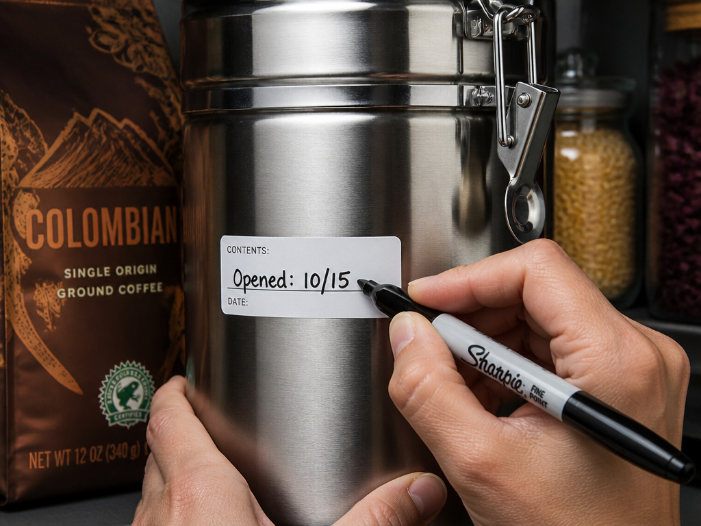 Labeling an airtight coffee container with the opened date for freshness.