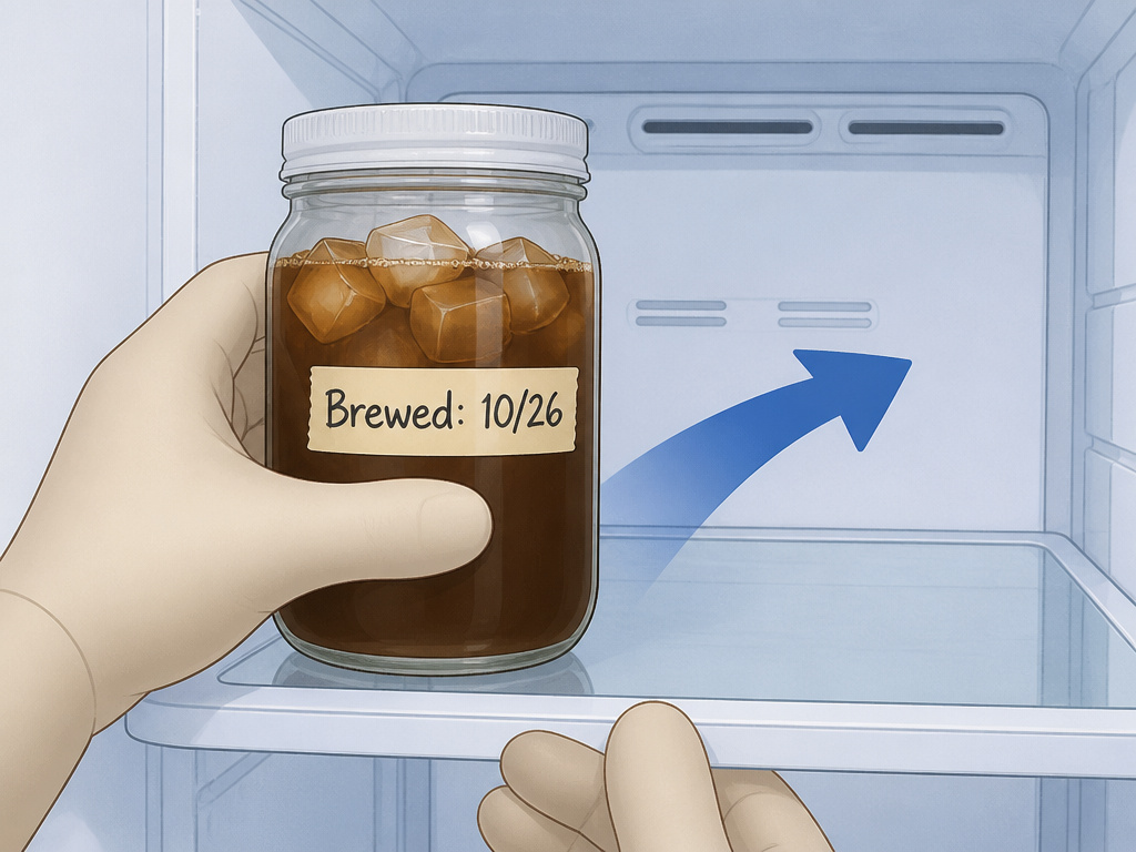 Cartoon diagram of storing dated iced coffee in the back of a fridge.