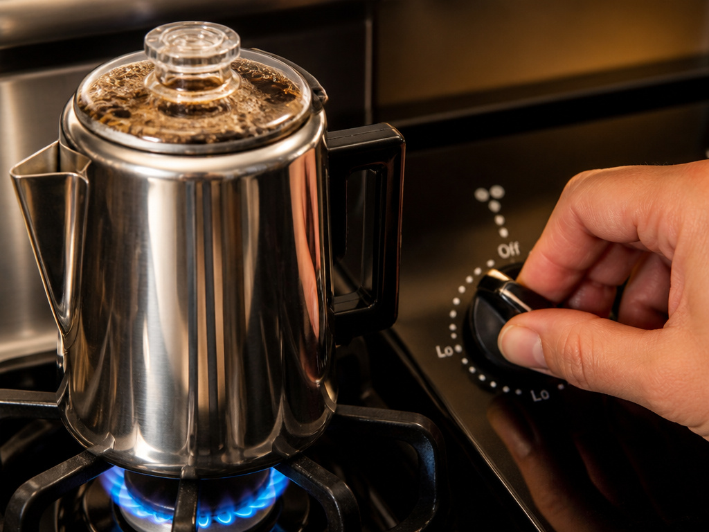 Close-up of a stovetop coffee percolator brewing with rhythmic bubbles in the knob.