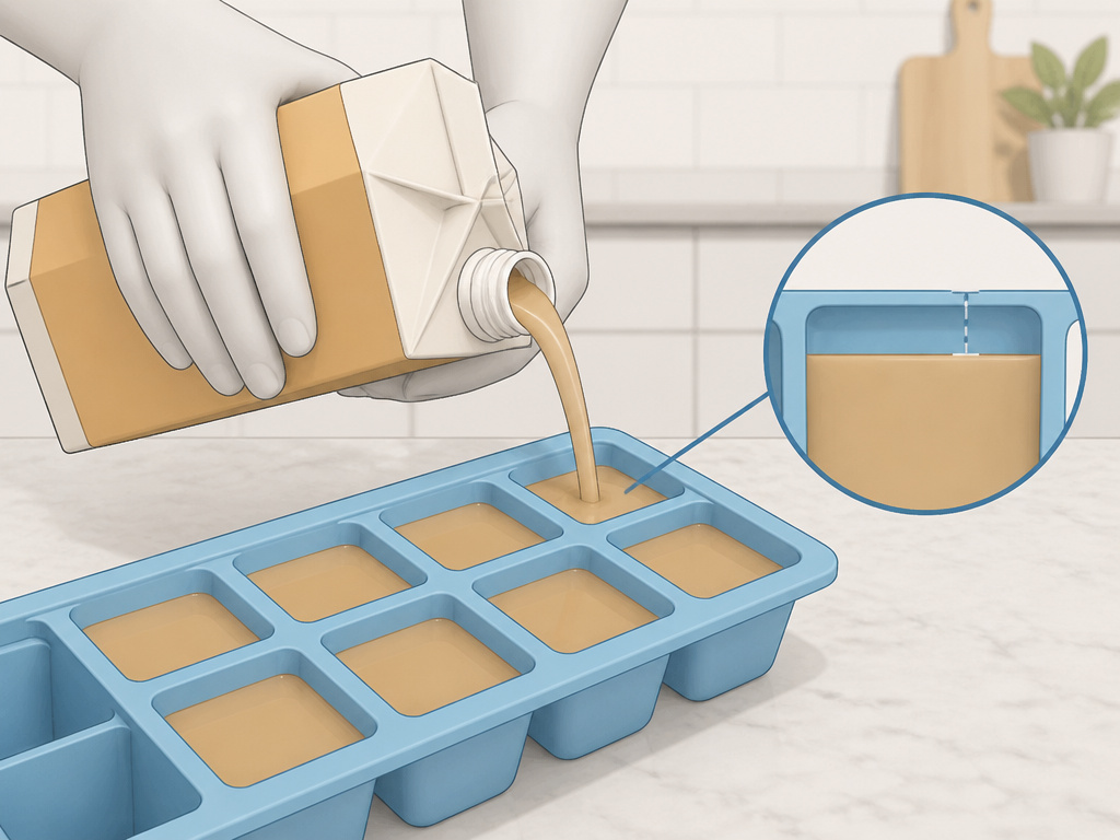 Pouring coffee creamer into an ice cube tray with headspace for freezing.