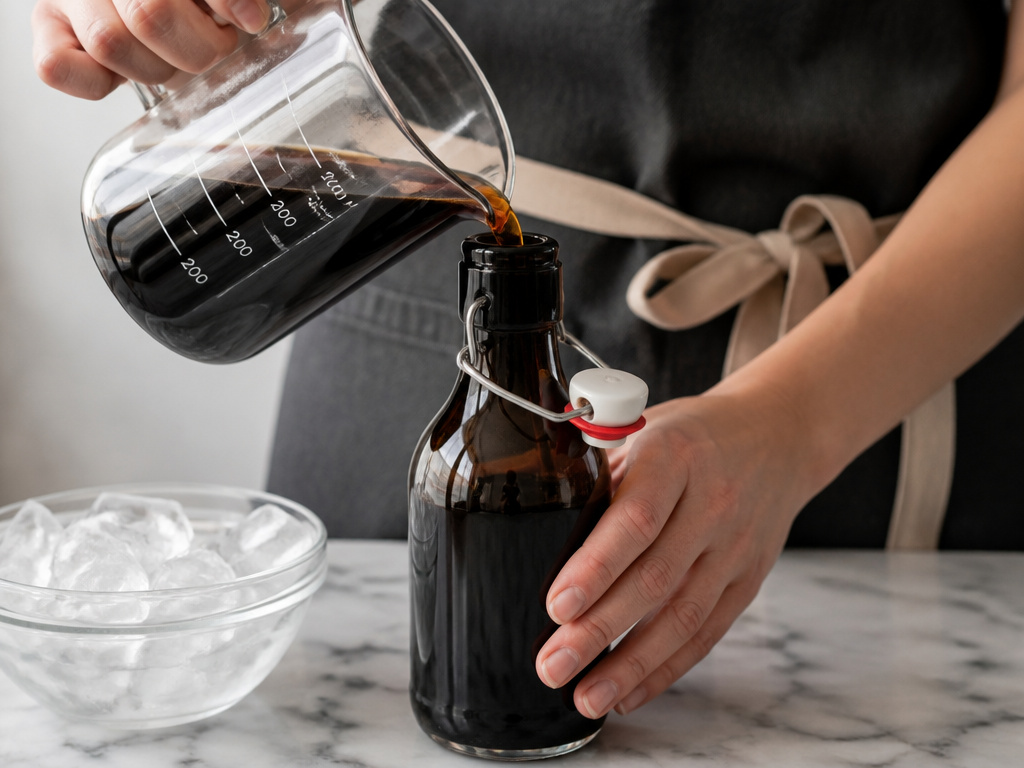 Pouring homemade cold brew coffee concentrate into a glass storage bottle.