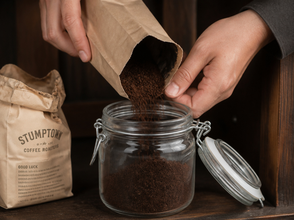 Storing dark roast espresso grounds in an airtight glass jar.