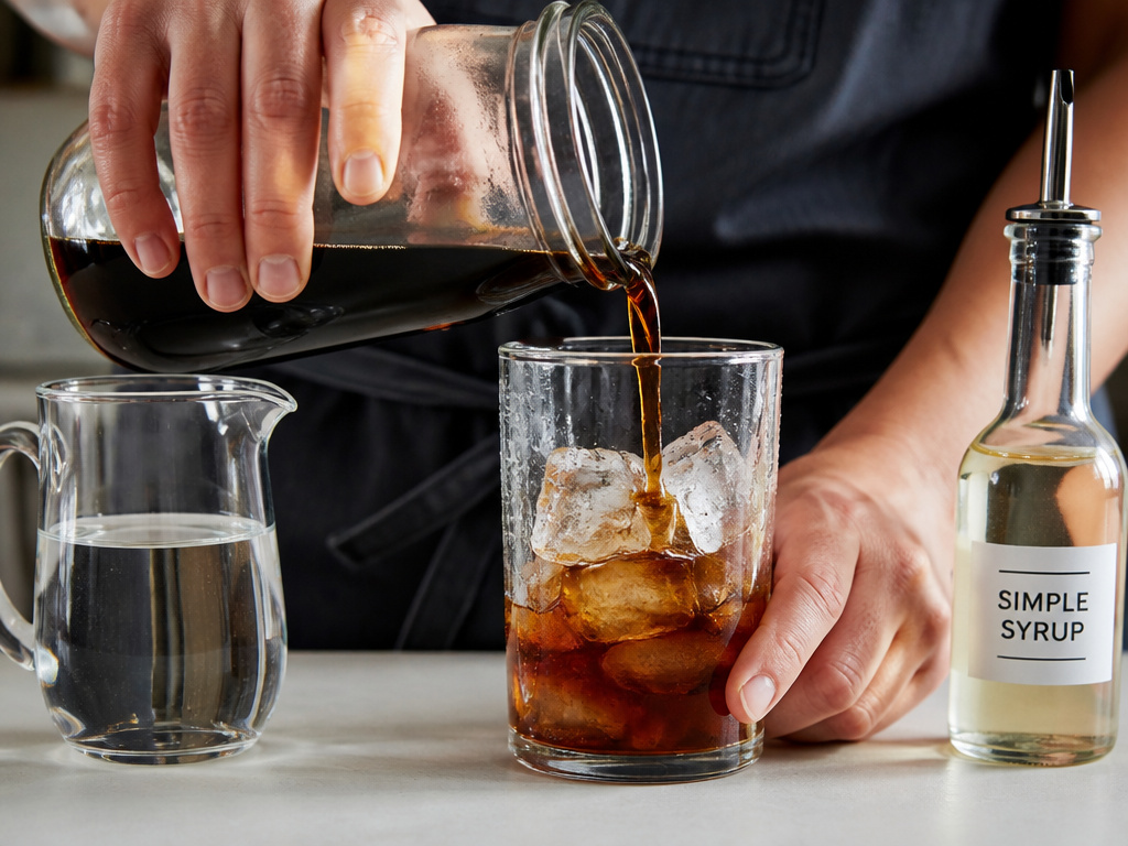 Hands pouring cold brew coffee concentrate over ice for serving.