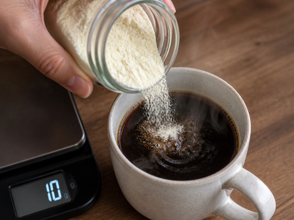 Adding a measured scoop of collagen peptides into a fresh cup of coffee.