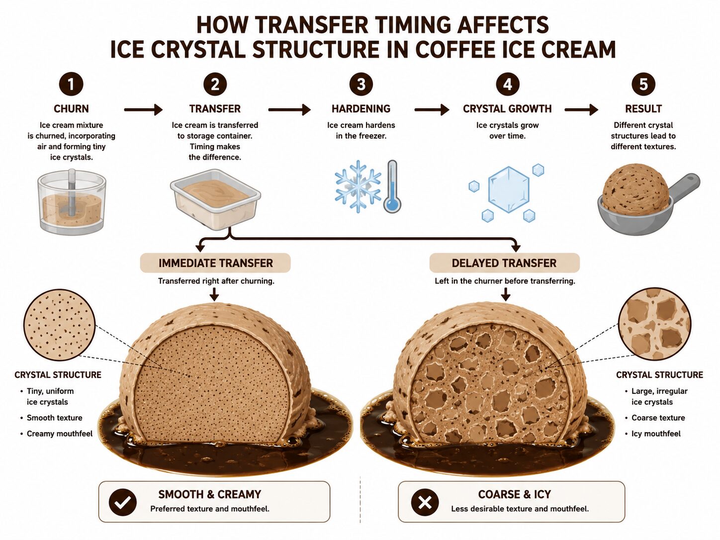 Diagram comparing smooth versus grainy ice cream crystal structure in coffee
