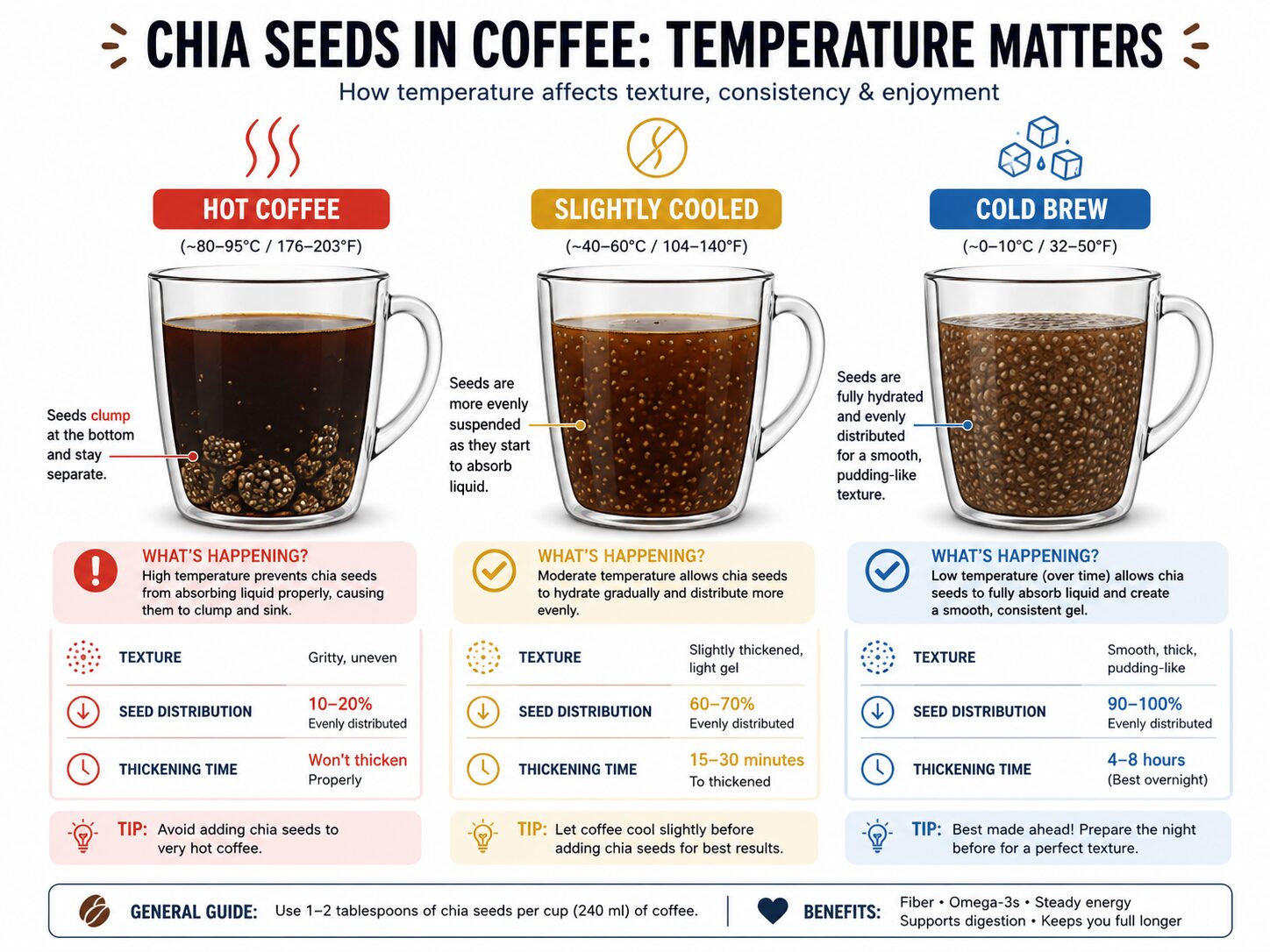Comparison of chia seed texture in hot, cooled, and cold brew coffee.