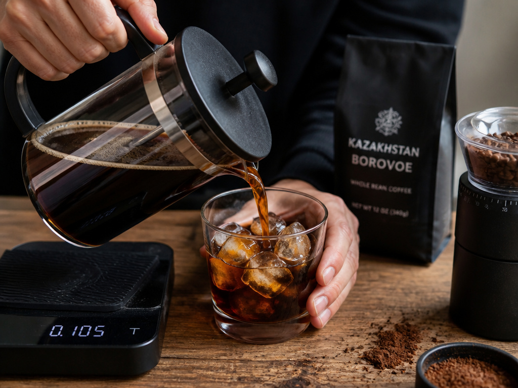 French press cold brew concentrate being poured, highlighting grind size and equipment.