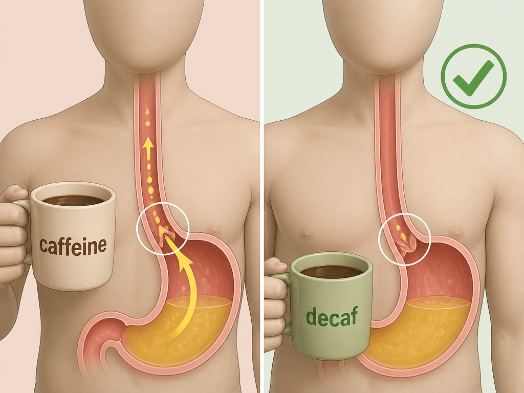 Diagram comparing decaf vs regular coffee effect on reflux and the esophageal valve
