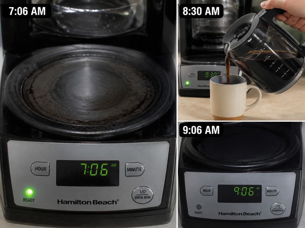 Hamilton Beach coffee maker warming plate with timer sequence showing auto shutoff