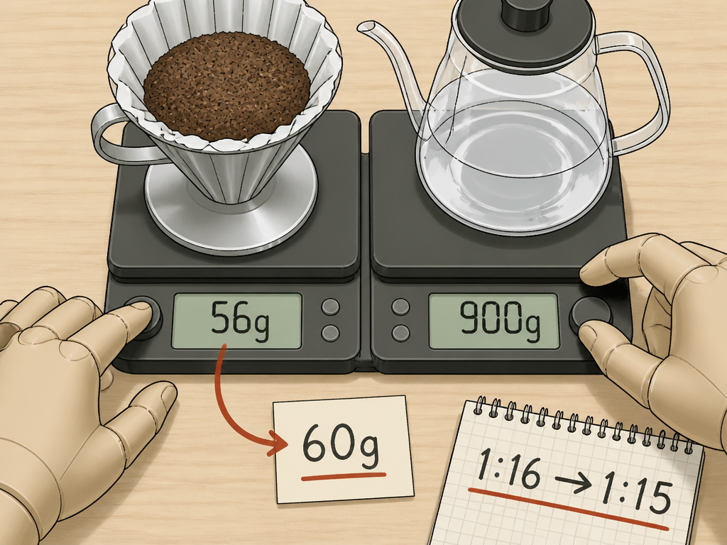 Cartoon diagram of adjusting coffee to water ratio on a scale for drip brewing.