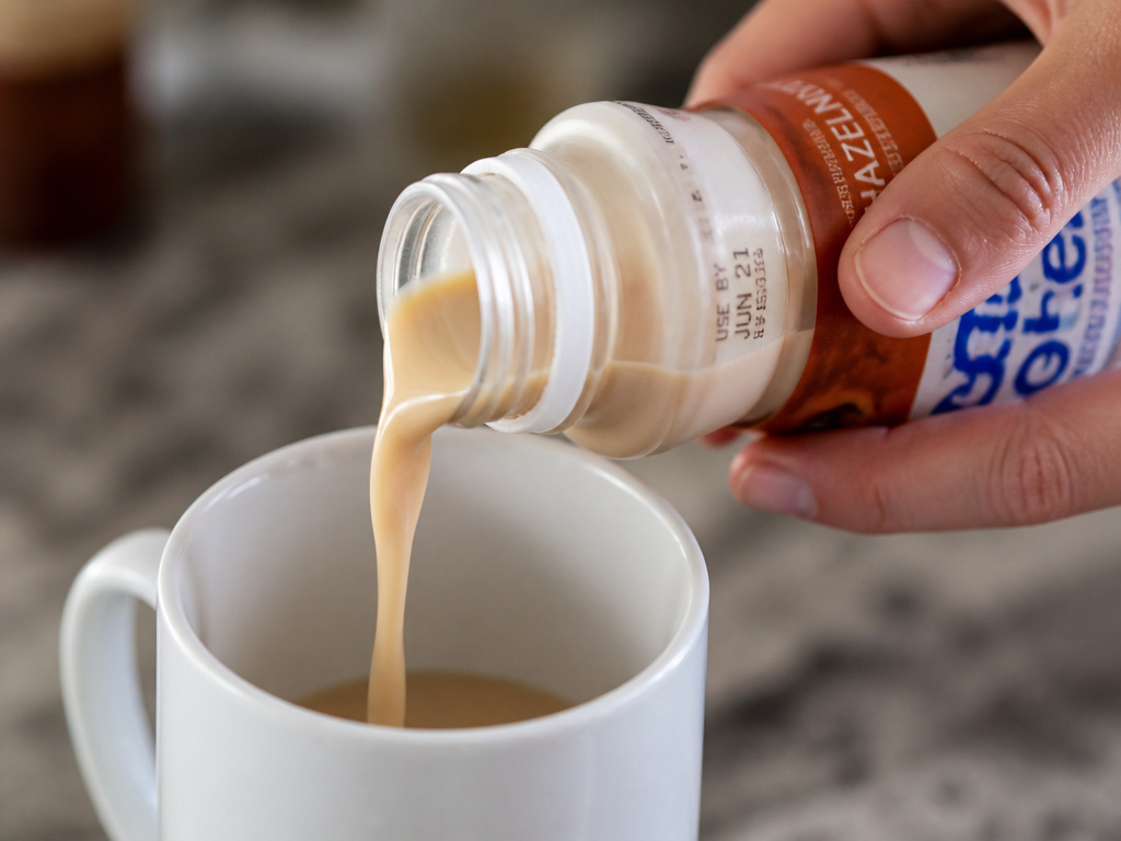 Close-up of pouring coffee creamer into a white cup for spoilage inspection.
