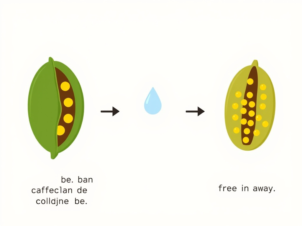 Diagram of solvent-based decaffeination removing caffeine molecules from a coffee bean.