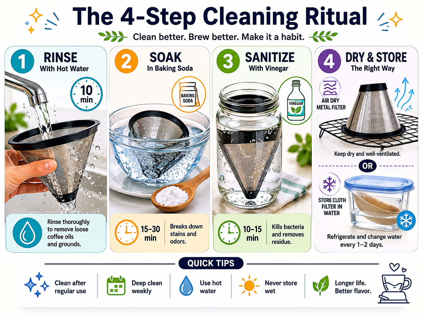 Four-step infographic for cleaning and storing a reusable coffee cone filter.