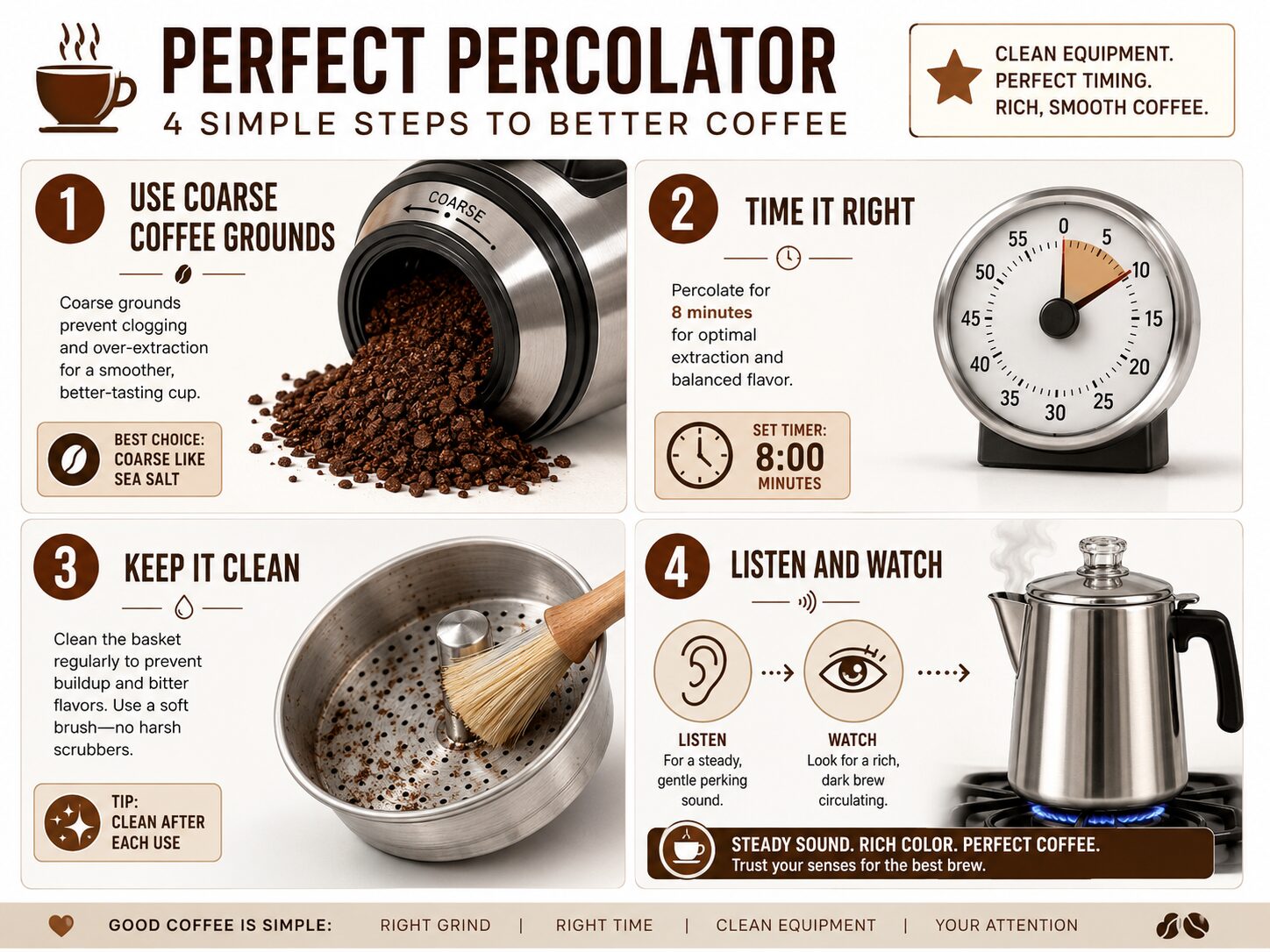 Four essential tools for perfectly timed percolated coffee brewing.