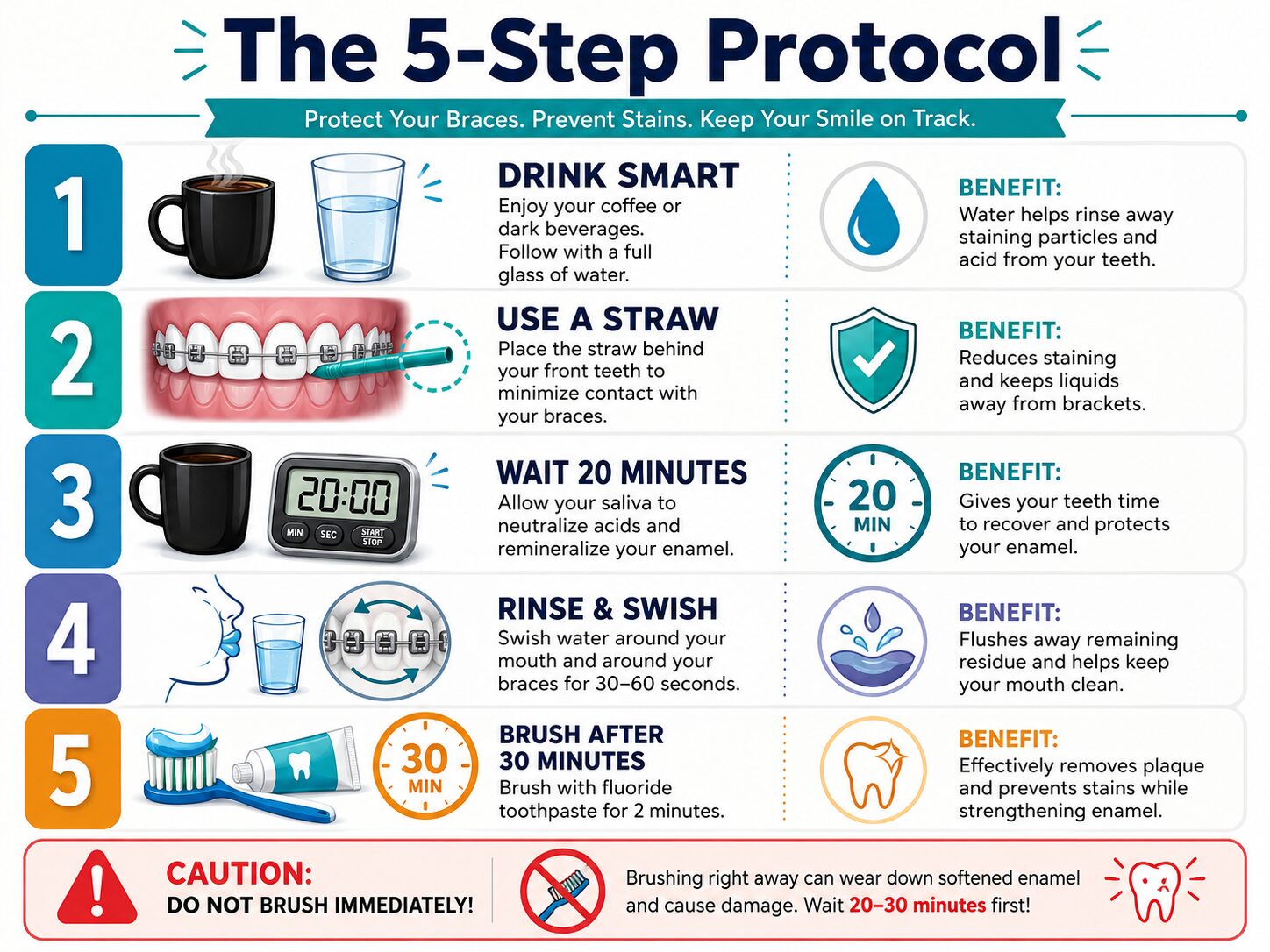 Infographic showing five steps for safely drinking coffee with braces.