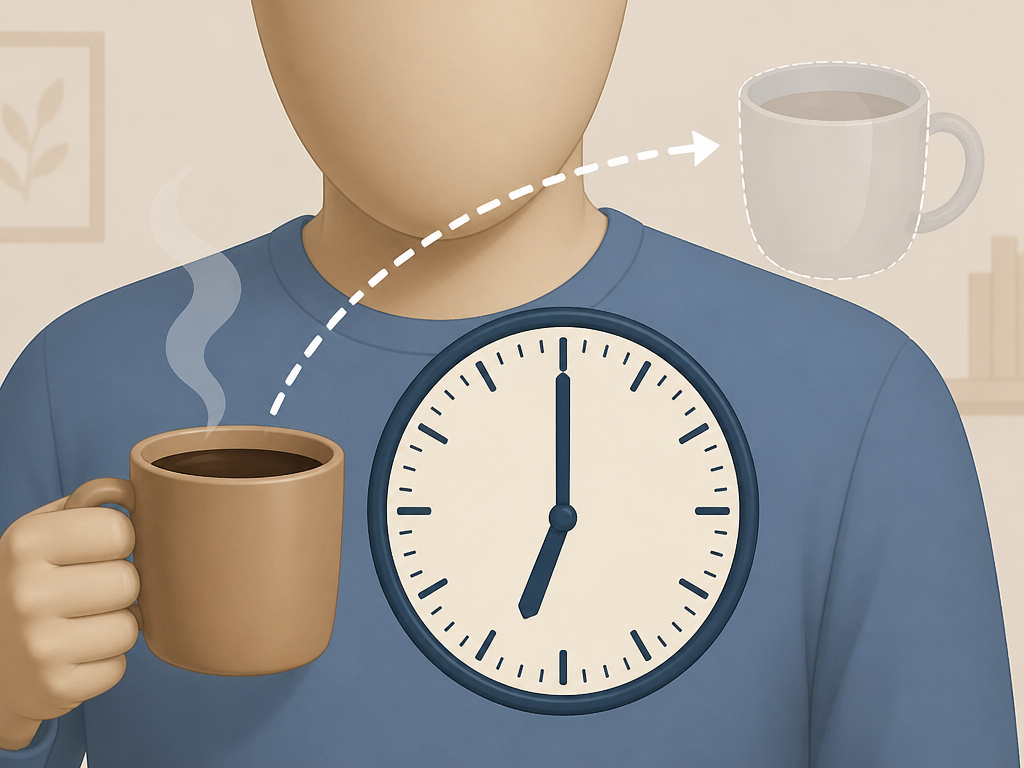 Cartoon diagram illustrating the 6-hour caffeine cutoff rule before bedtime.