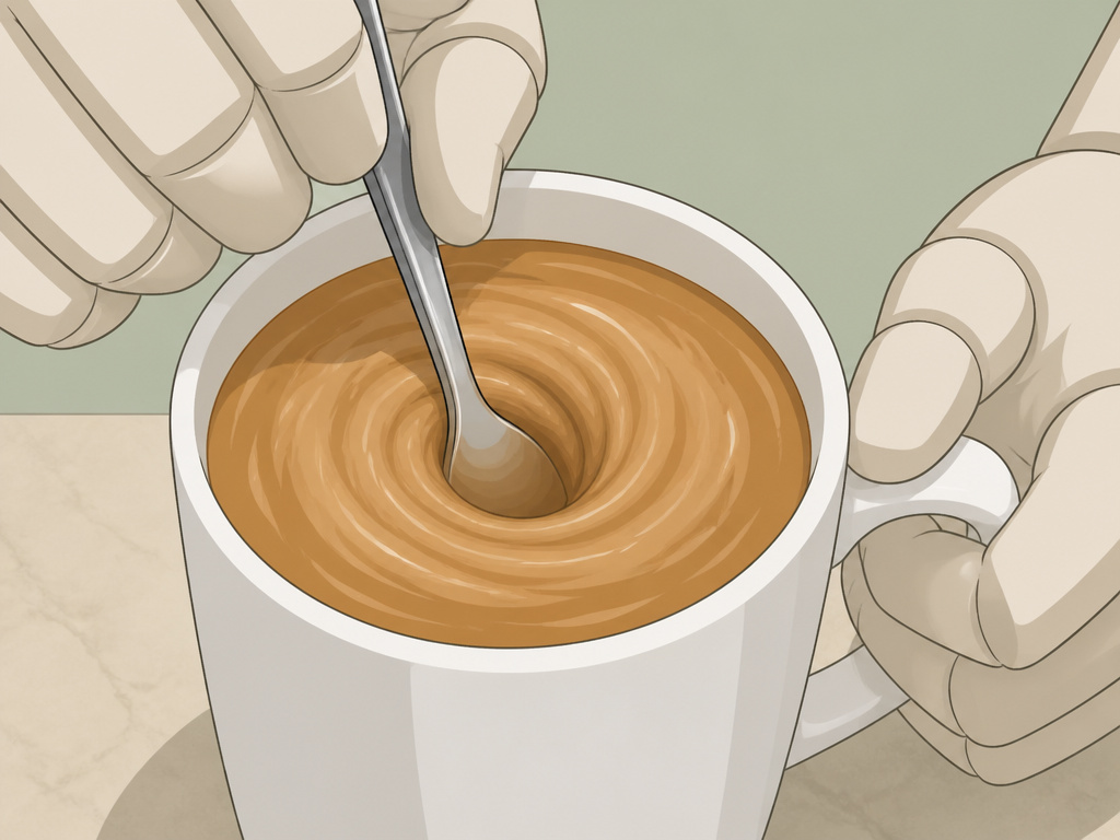 Cartoon of hands vigorously stirring evaporated milk into hot coffee.