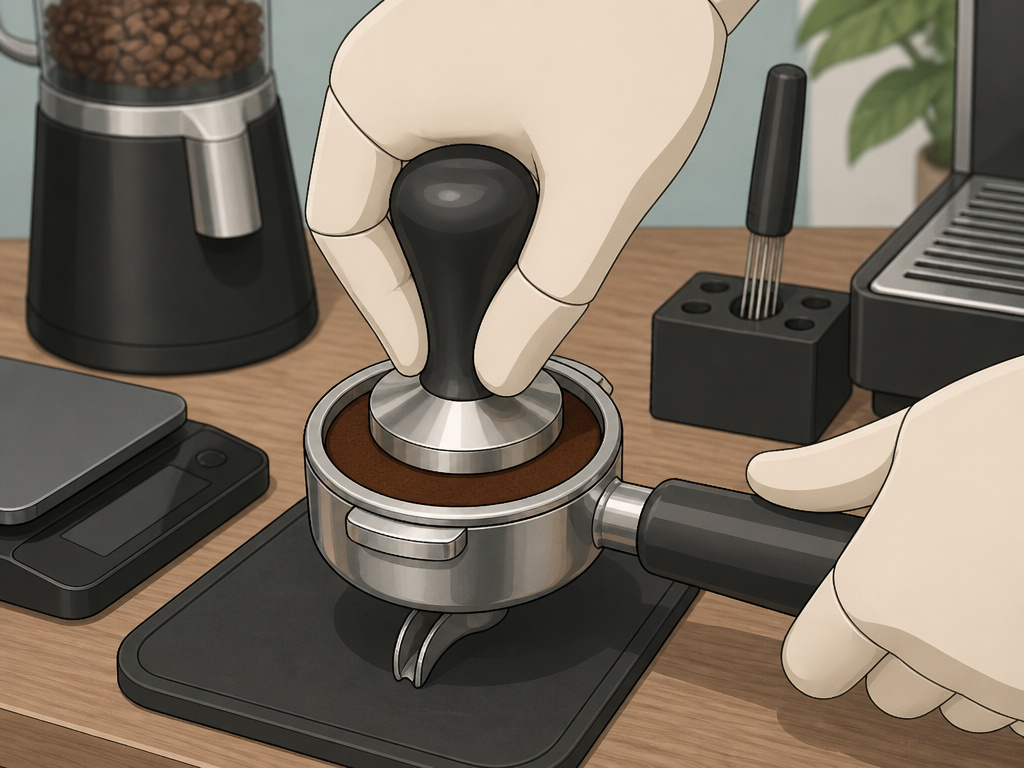 Cartoon illustration of tamping espresso grounds in a portafilter at home