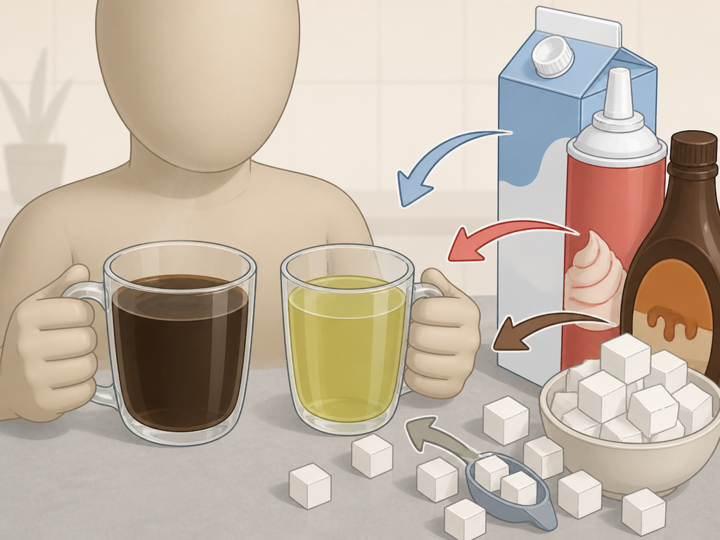 Caffeine in tea versus coffee overshadowed by sugar and milk additives.