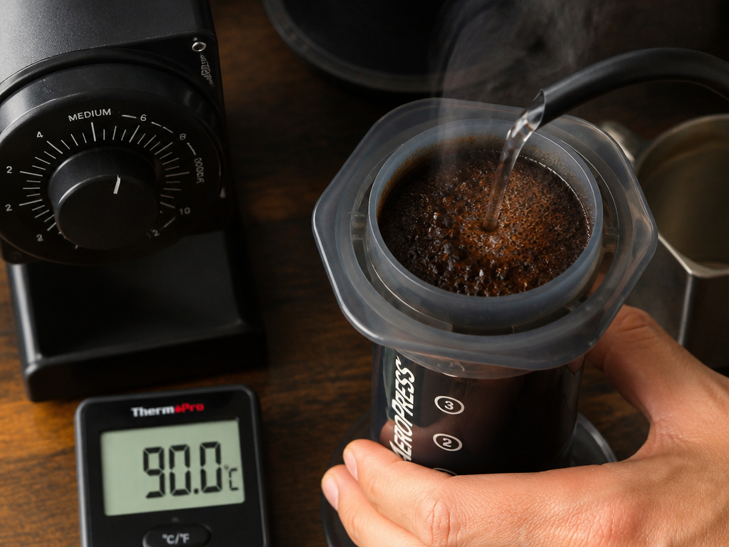 Brewing dark roast coffee in an AeroPress with adjusted temperature and grind.