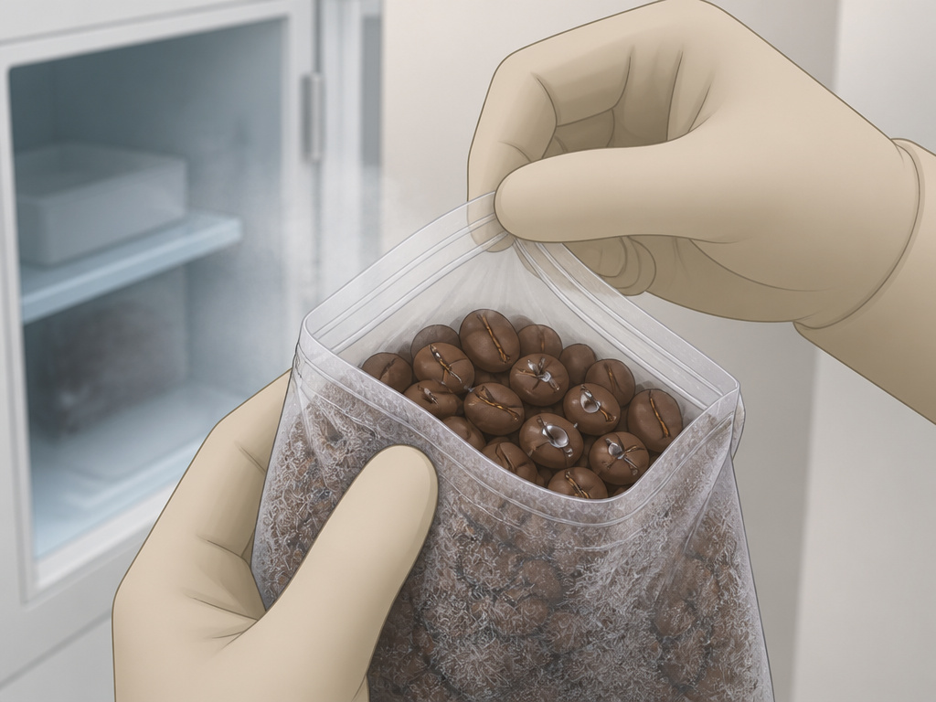 Person opening a frosty bag of coffee beans in the freezer, causing condensation.