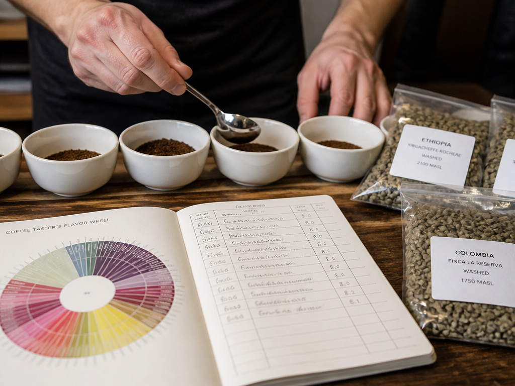 Professional coffee cupping and scoring to assess beans by origin and terroir.